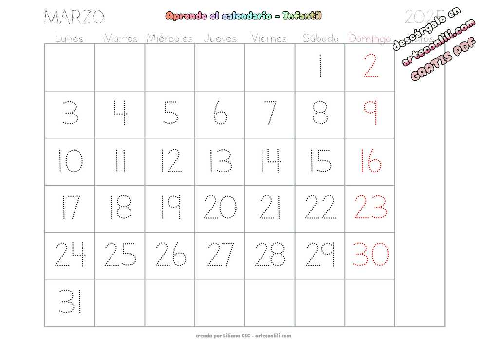 calendario infantil 2025 14 03 Marzo 01